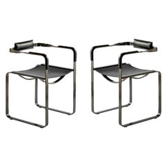 Set of 2 Armchair Black Smoke Steel and Black Leather Contemporary Style