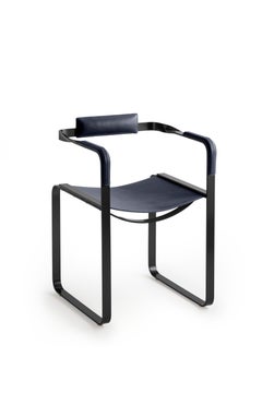 Set of 2 Armchair, Black Smoke Steel & Blue Navy Saddle, Contemporary Style