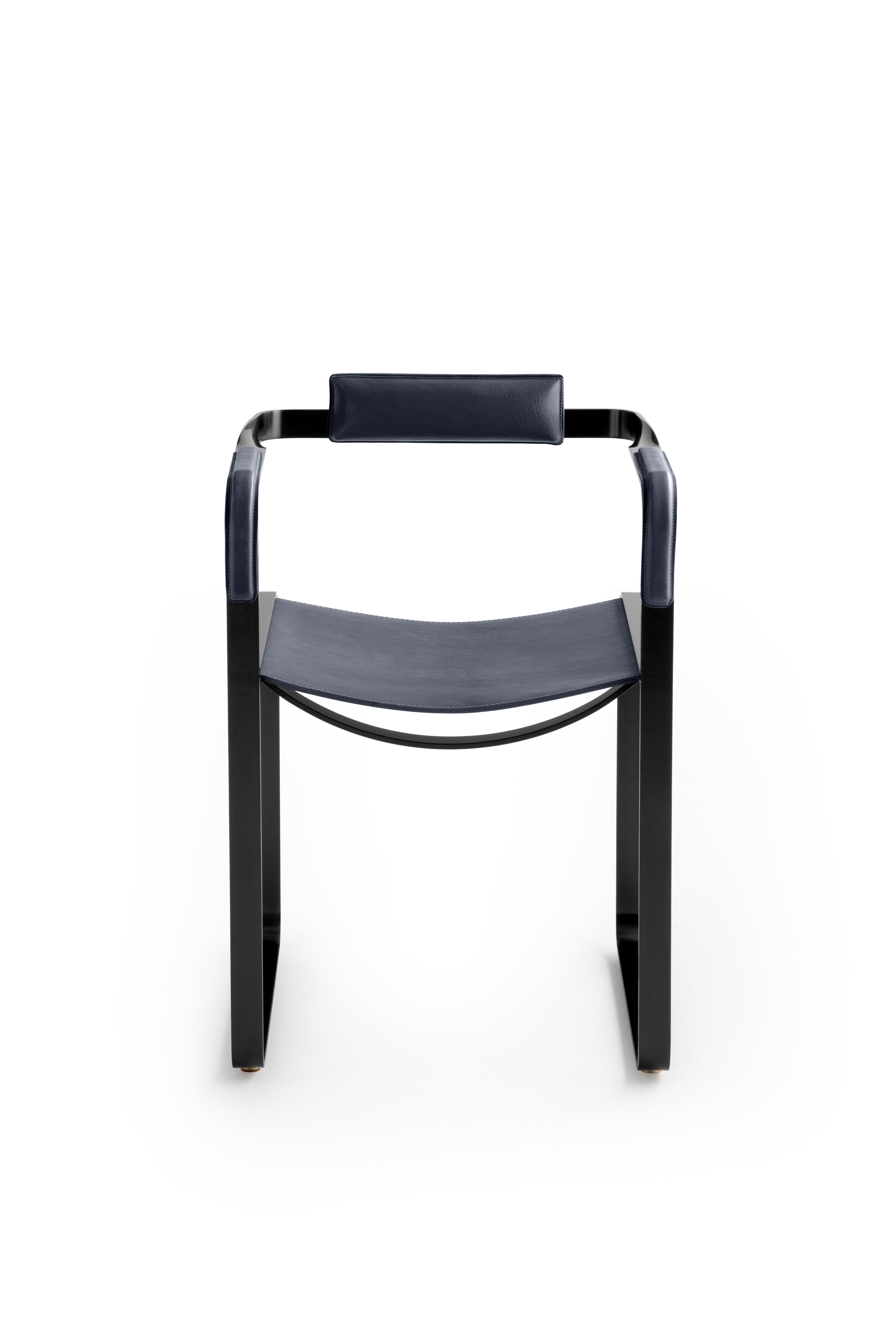 Minimalist Set of 2 Armchair, Black Smoke Steel & Blue Navy Saddle, Contemporary Style For Sale