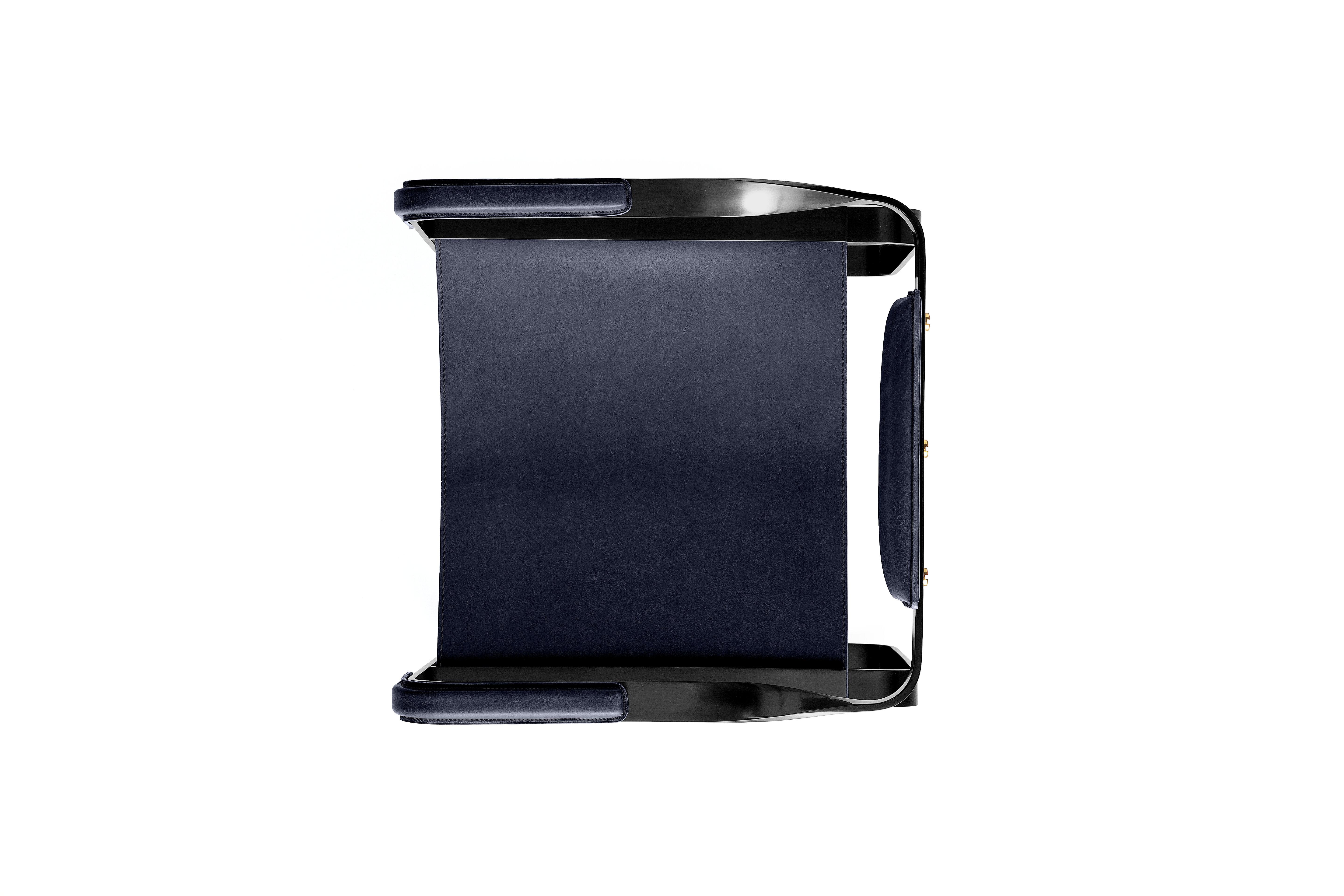 Polished Set of 2 Armchair, Black Smoke Steel & Blue Navy Saddle, Contemporary Style For Sale