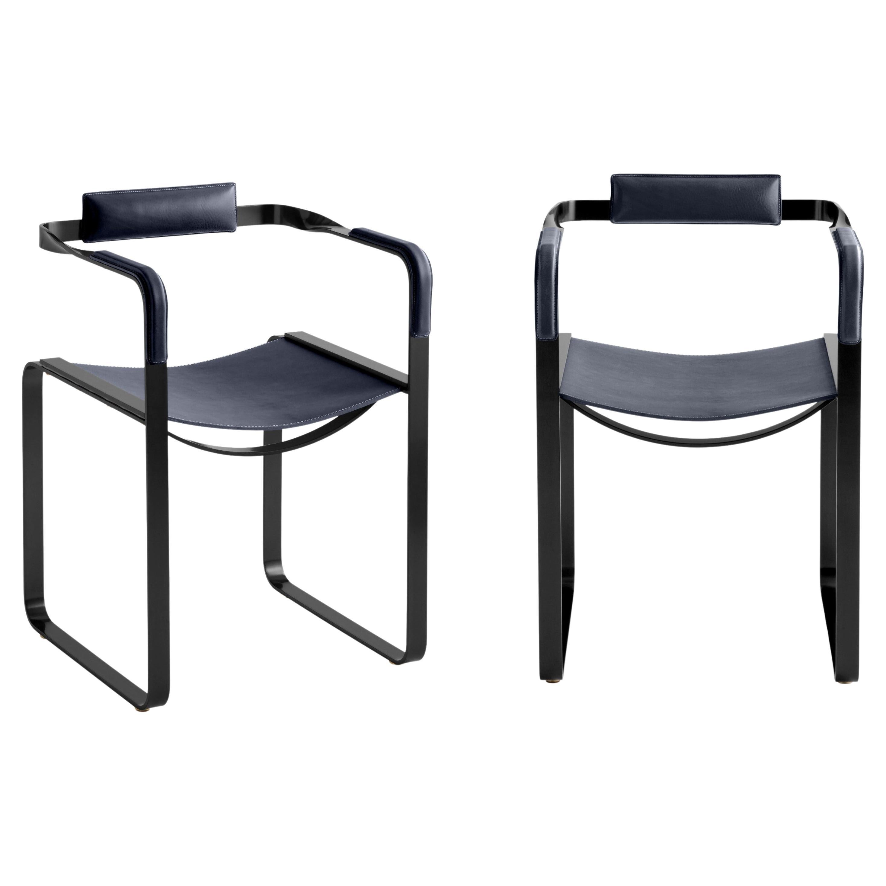 Set of 2 Armchair, Black Smoke Steel & Blue Navy Saddle, Contemporary Style For Sale