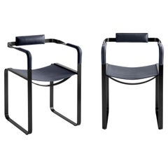 Set of 2 Armchair, Black Smoke Steel & Blue Navy Saddle, Contemporary Style