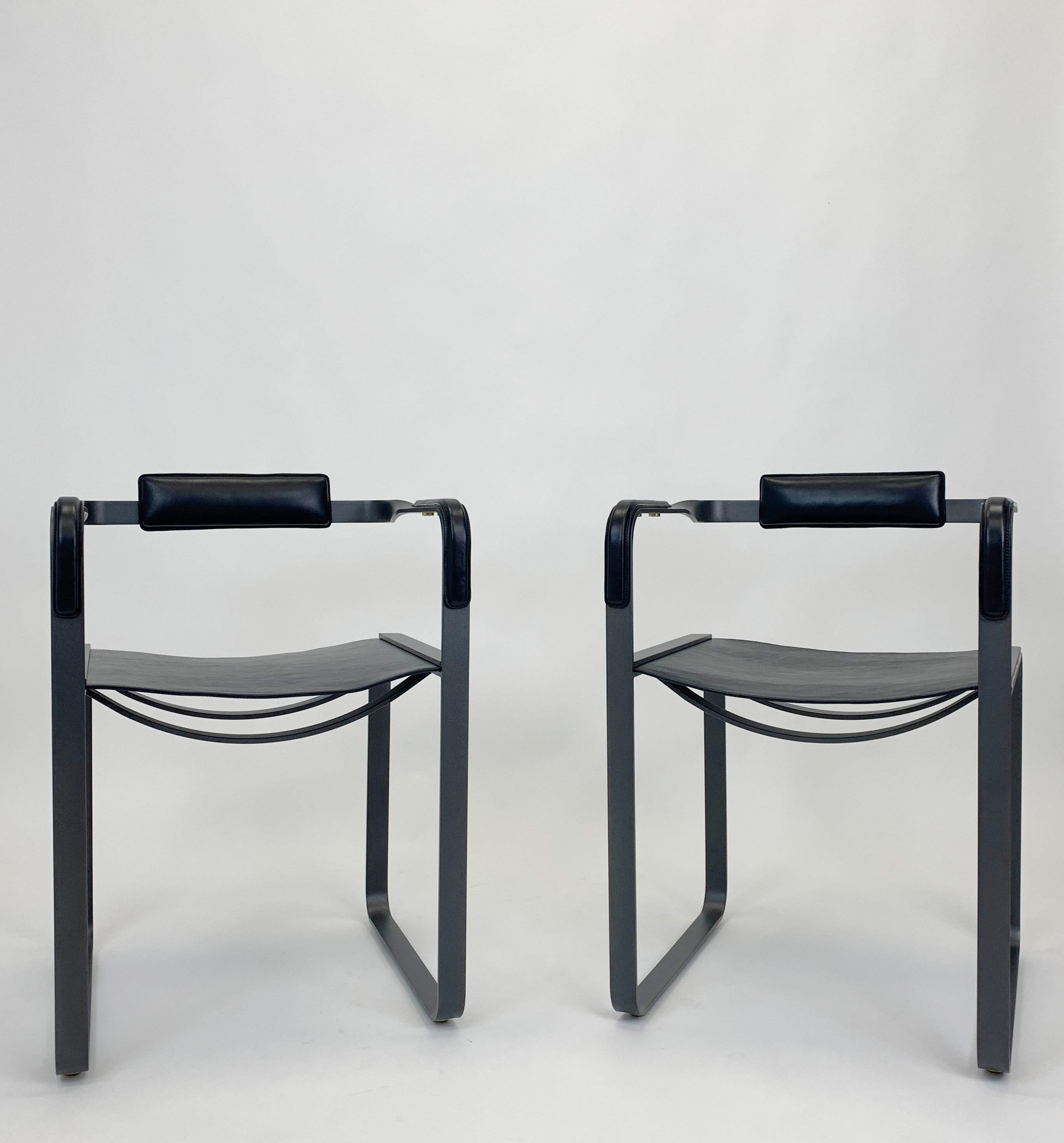 Modern Set of 2 Contemporary Armchair, Nuit Noire Metal & Black Leather, Industrial.  For Sale