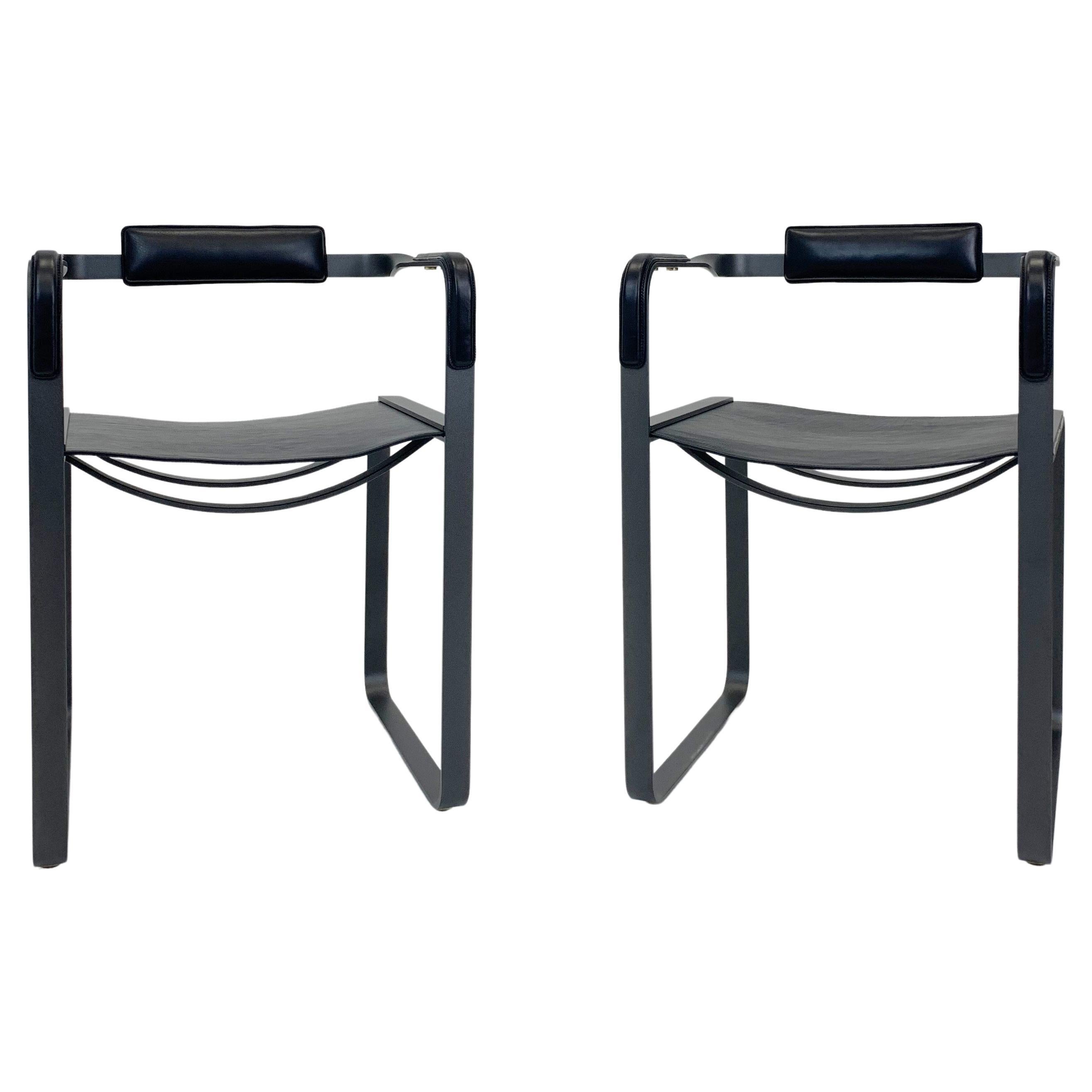 Set of 2 Contemporary Armchair, Nuit Noire Metal & Black Leather, Industrial.  For Sale