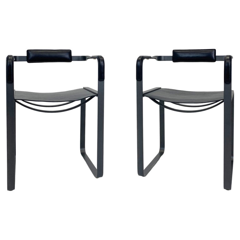 Set of 2 Contemporary Armchair, Nuit Noire Metal and Black Leather