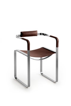 Set of 2 Armchair, Old Silver Steel & Dark Brown Saddle, Contemporary Style