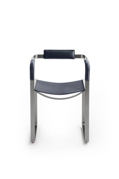 Set of 2, Armchair, Old Silver Steel & Navy Blue Saddle, Contemporary Style