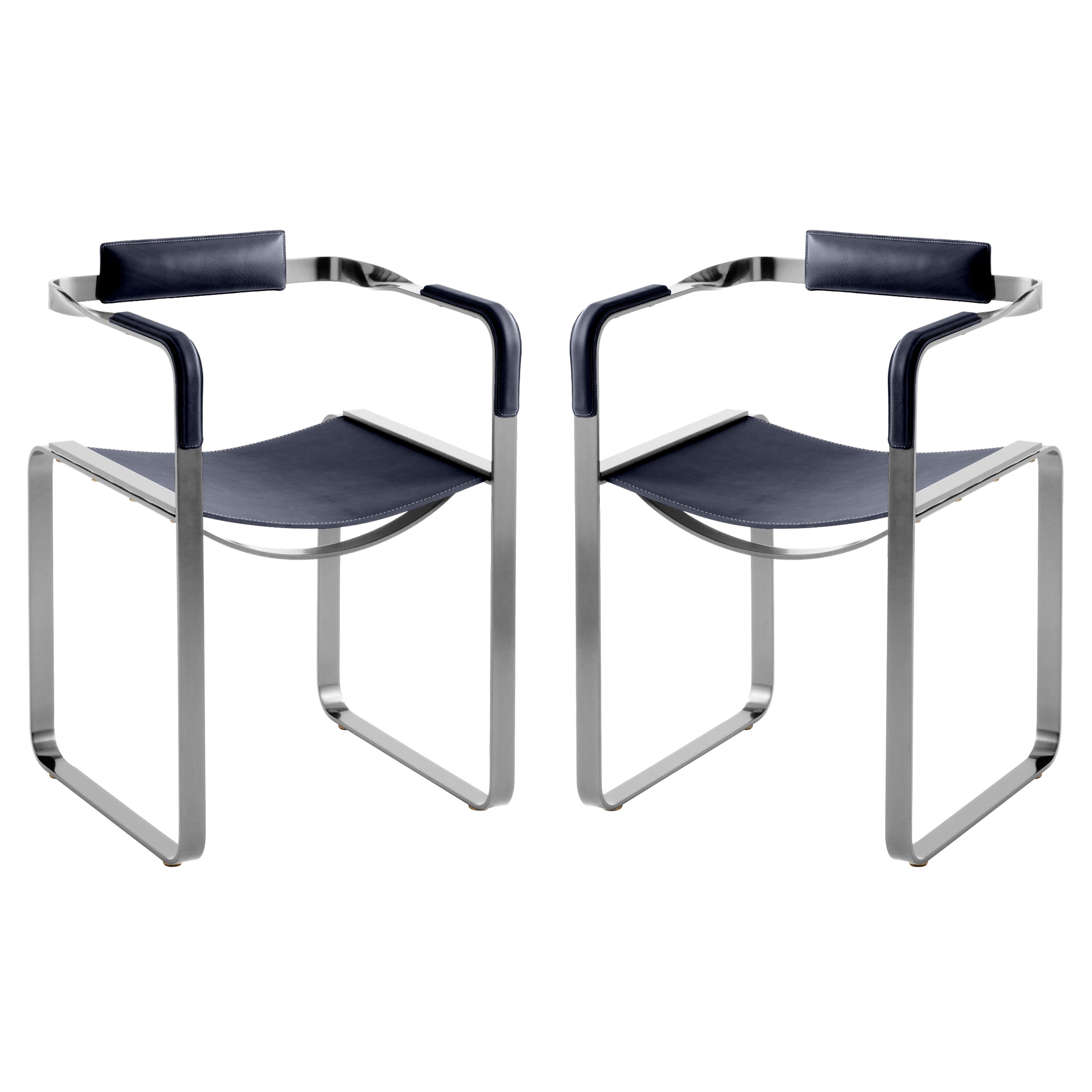 Juego de 2, Sillón, Acero Plata Vieja y Sillín Azul Marino, Estilo Contemporáneo