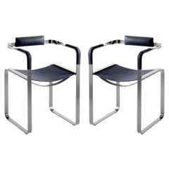 Set of 2, Armchair, Old Silver Steel & Navy Blue Saddle, Contemporary Style (Ensemble de 2 fauteuils, acier vieil argent et selle bleu marine)