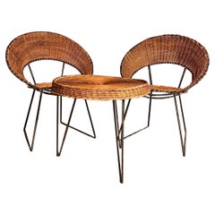 Set of 2 Armchairs and 1 Wicker Coffee Table Raoul Guys 1950 Black Lacquered Met