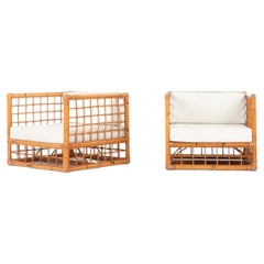 Ensemble de 2 fauteuils en bambou et lin, années 1950