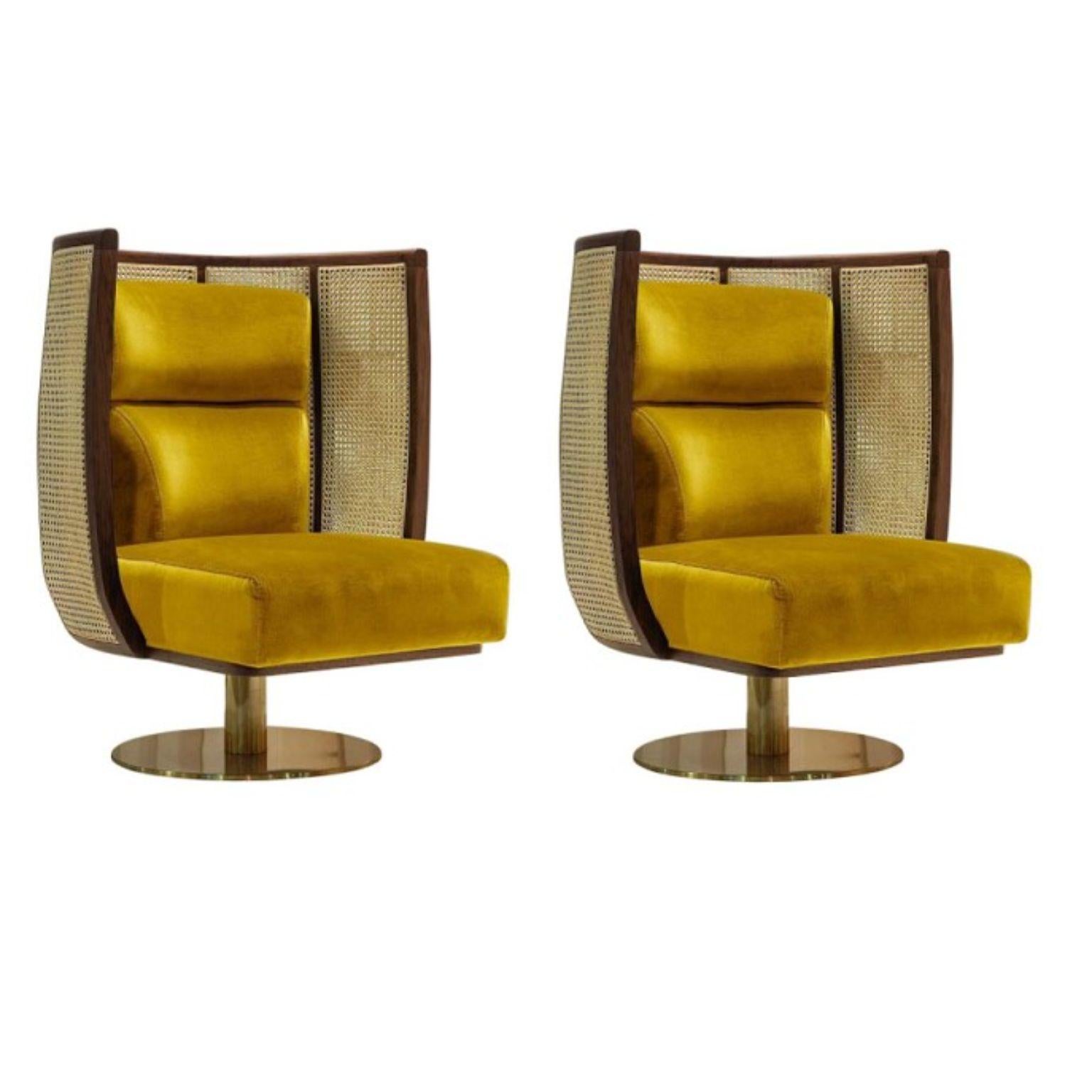Set of 2 Egoista Armchairs by Dooq
Measures: W 80 cm 32”
D 80 cm 32”
H 100 cm 39”
seat height 40 cm 16”

Materials: upholstery fabric or leather; structure solid wood feet lacquered MDF or solid wood rattan natural rattan. COM with natural walnut or