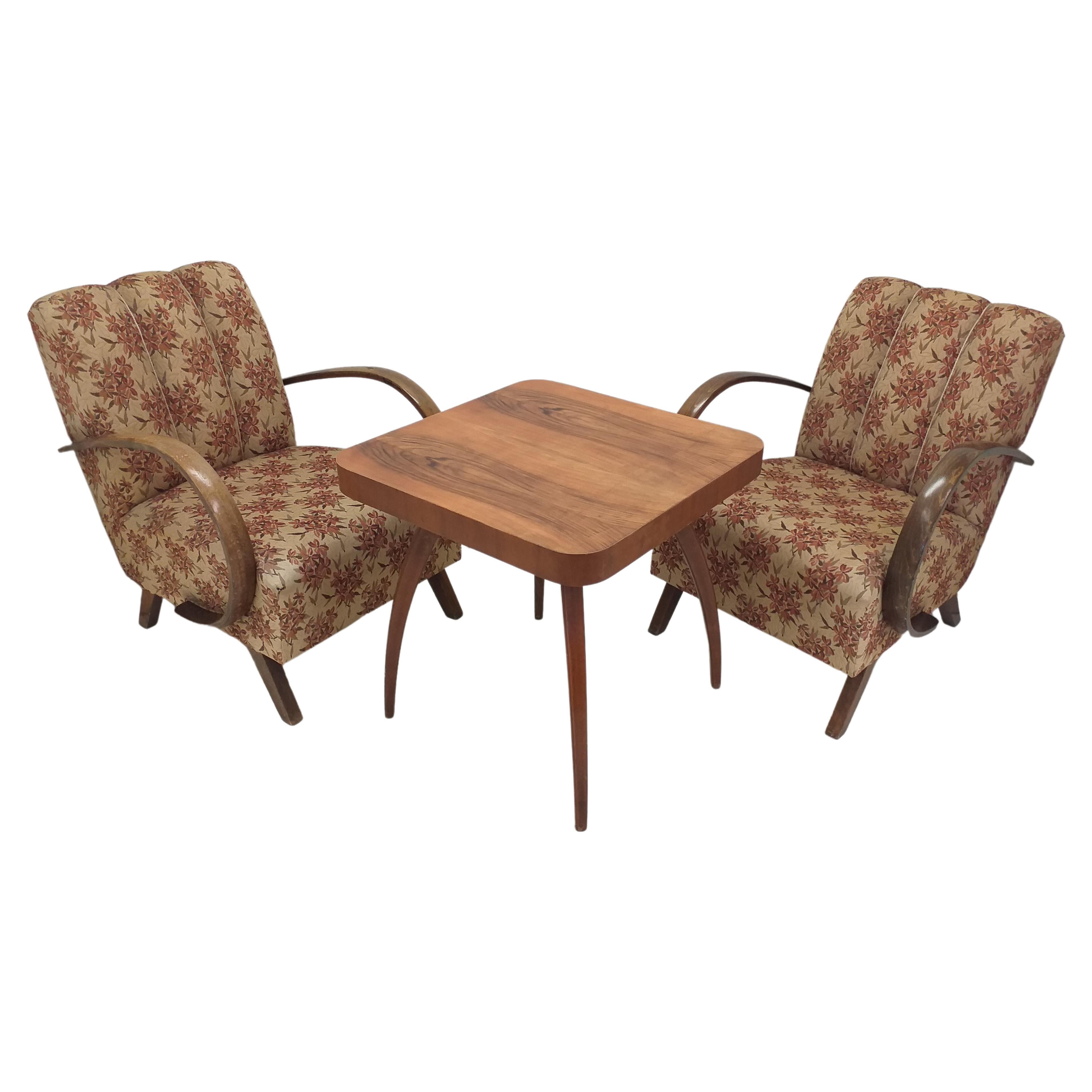 Set of 2 Armchairs H 410 Halabala and Coffee Table for UP Závody, Czechoslovakia For Sale