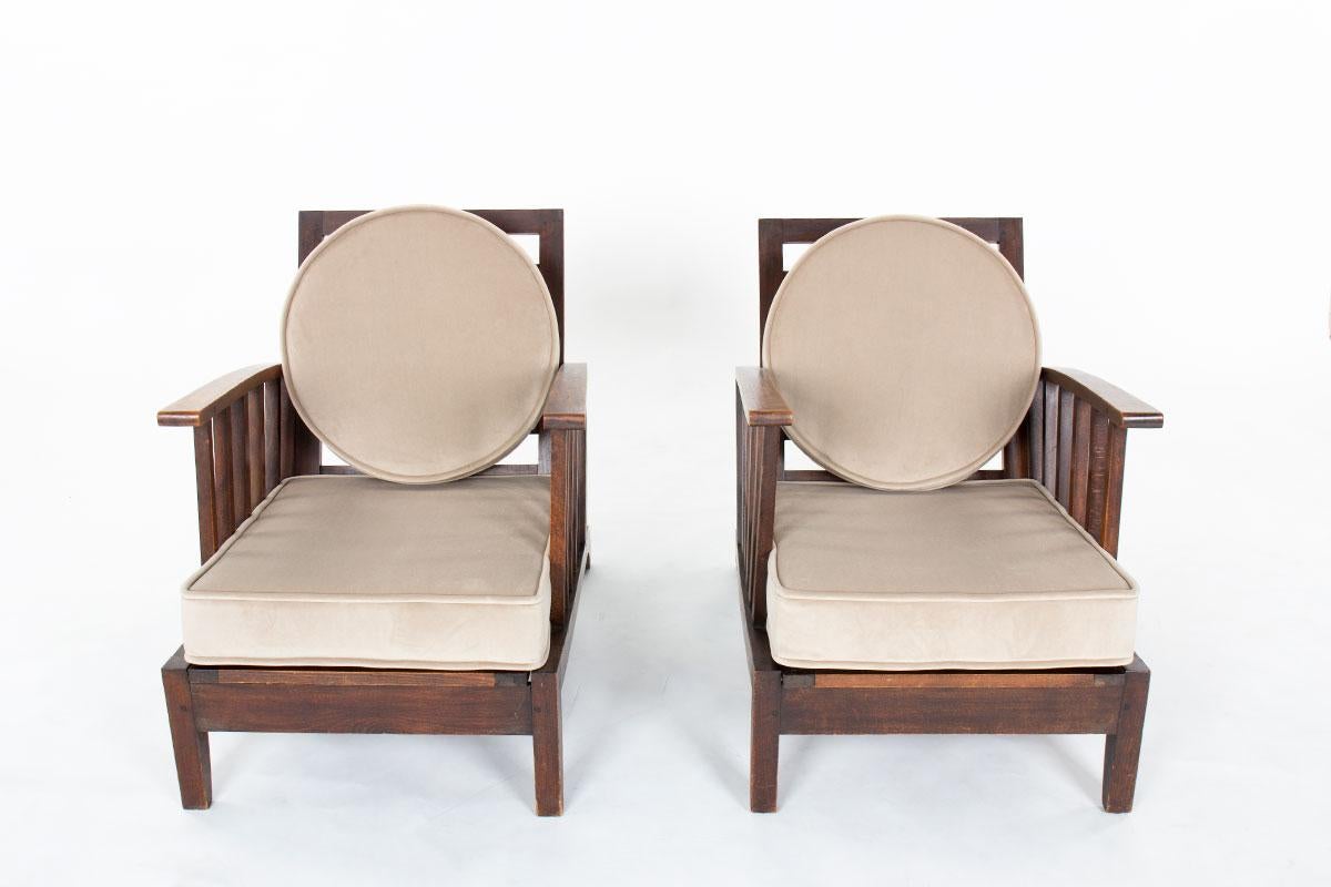 Set di 2 poltrone in faggio e velluto, 1950 In condizioni buone in vendita a JASSANS-RIOTTIER, FR