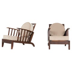 Ensemble de 2 fauteuils en hêtre et velours, 1950