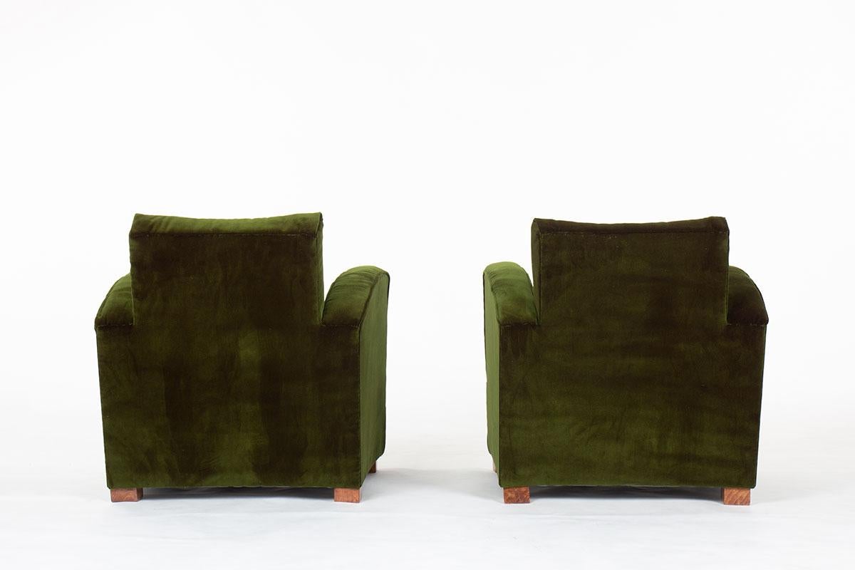 Set of 2 armchairs in green velvet and oak Art Deco design 1930 In Good Condition In JASSANS-RIOTTIER, FR