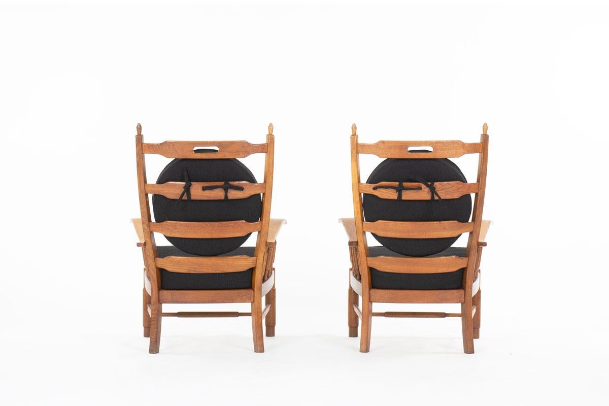 Set of 2 armchairs in oak and fabric, 1950 In Good Condition For Sale In JASSANS-RIOTTIER, FR