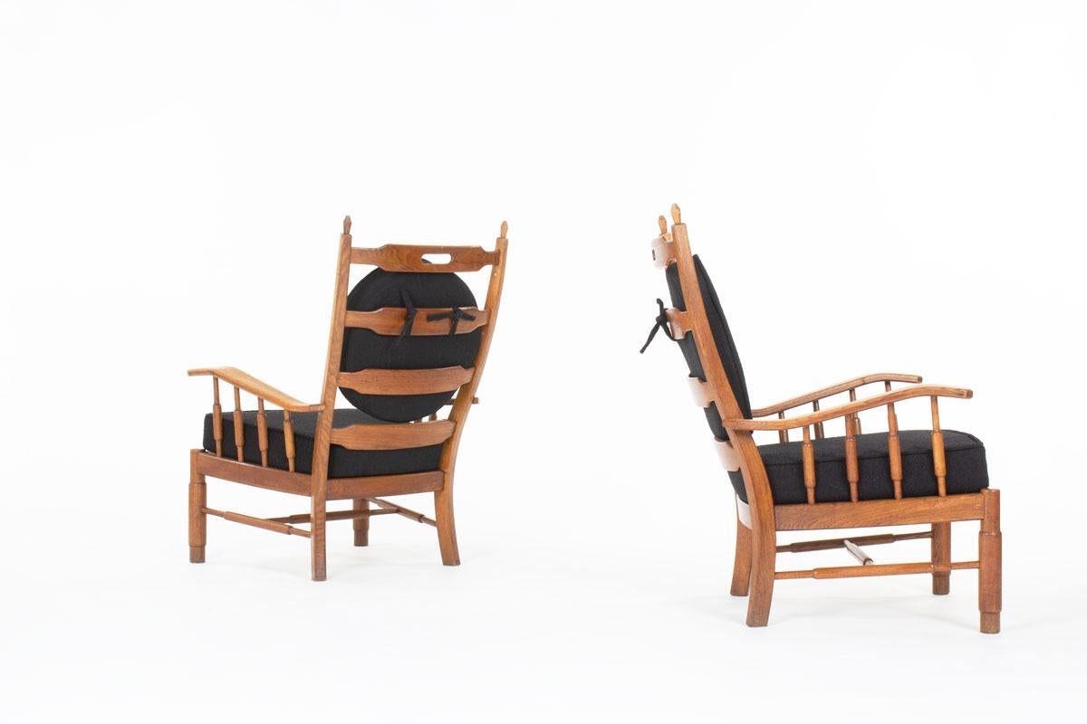 20ième siècle Ensemble de 2 fauteuils en chêne et tissu, 1950 en vente