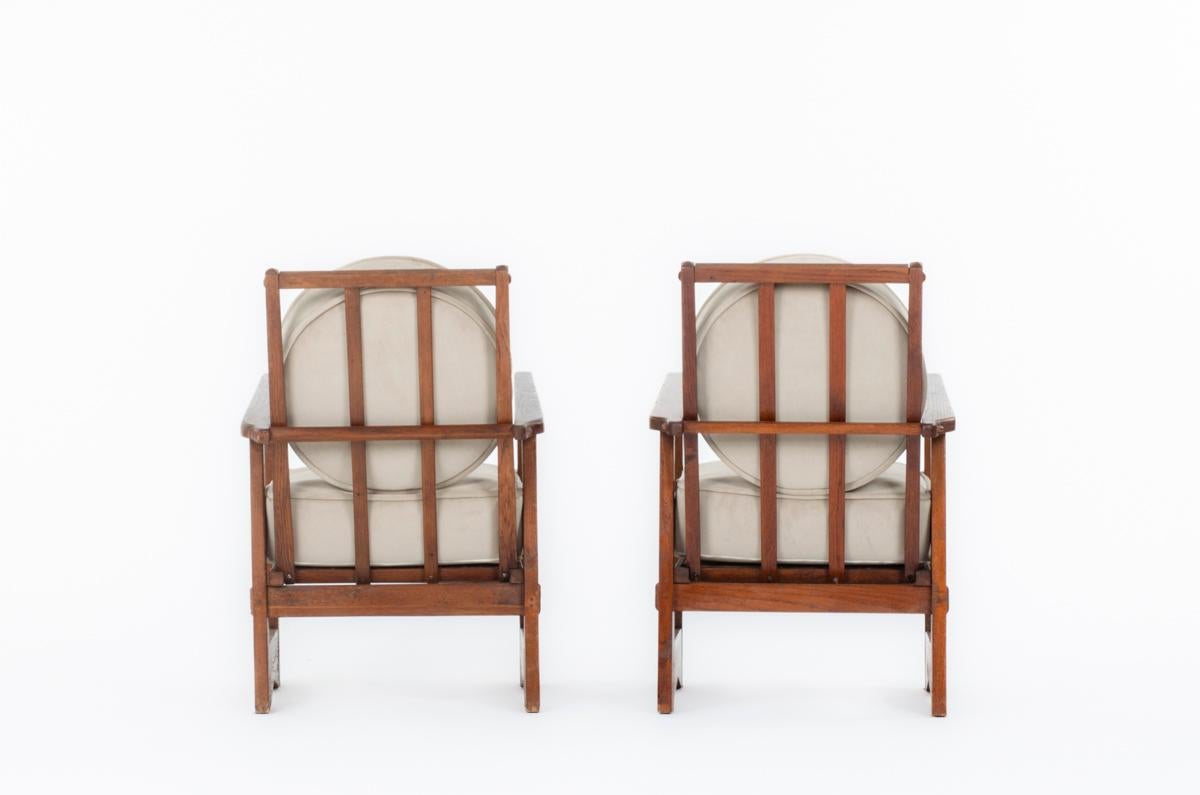 French Set of 2 armchairs in oak and velvet, 1960