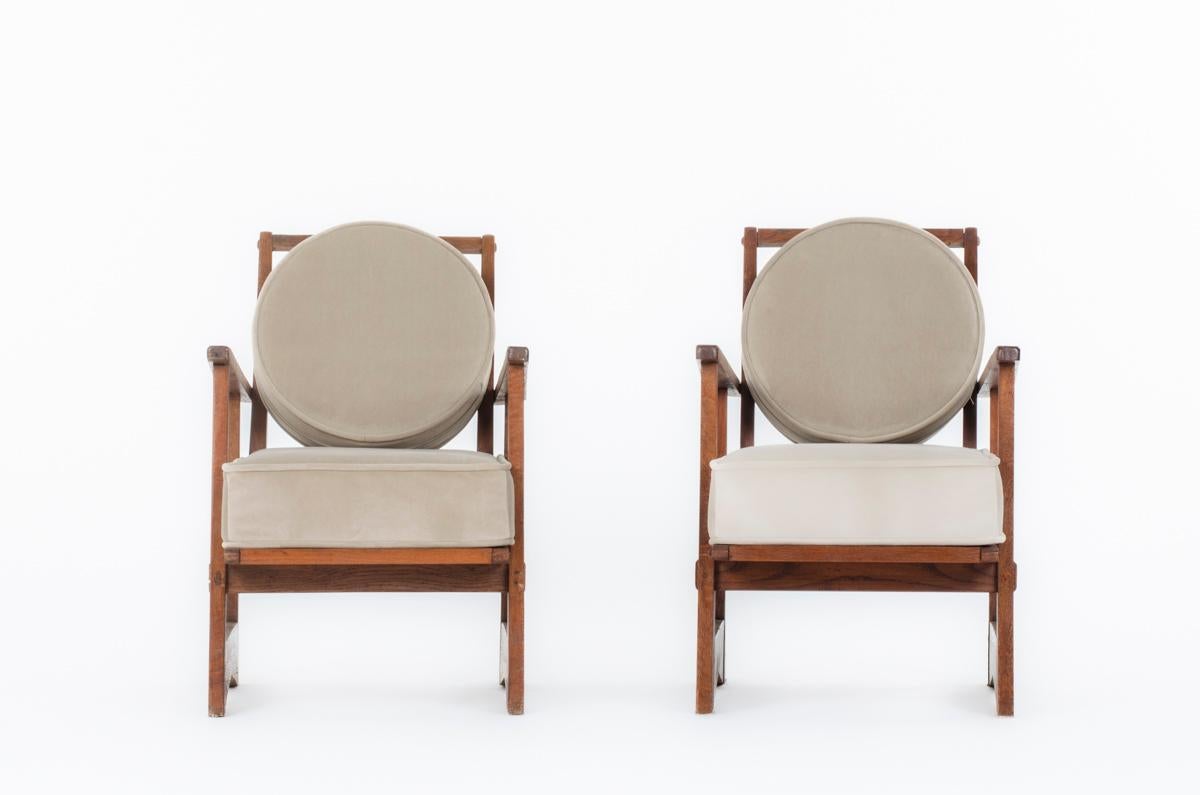 Set of 2 armchairs in oak and velvet, 1960 In Good Condition In JASSANS-RIOTTIER, FR