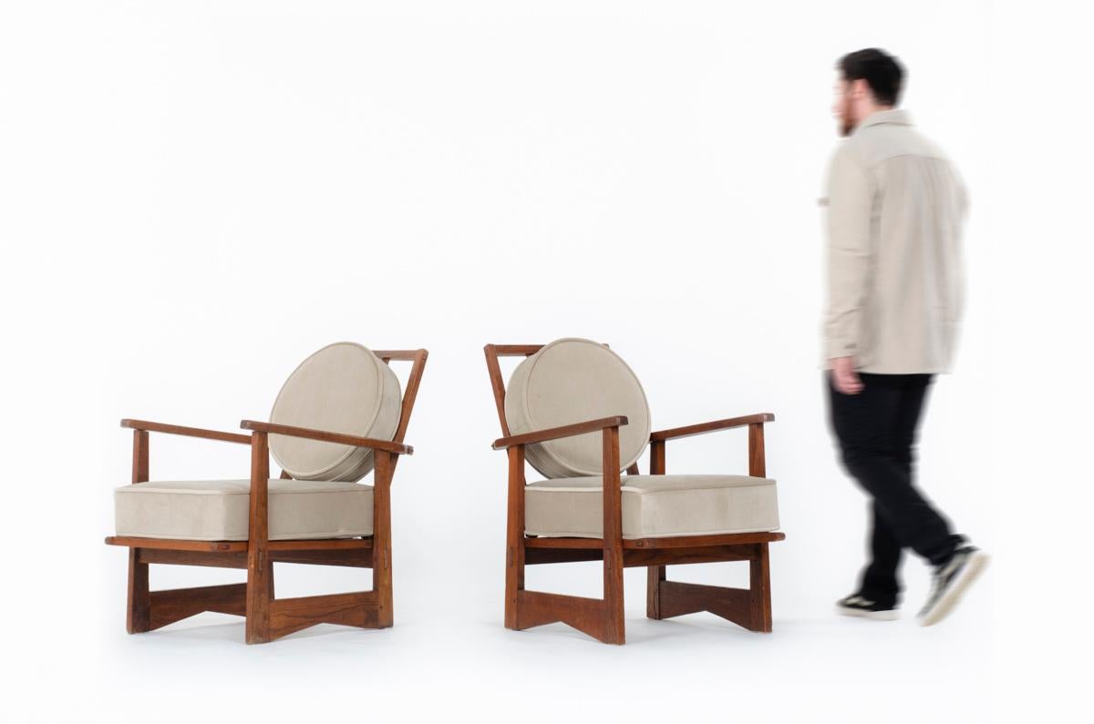 20ième siècle Ensemble de 2 fauteuils en chêne et velours, 1960