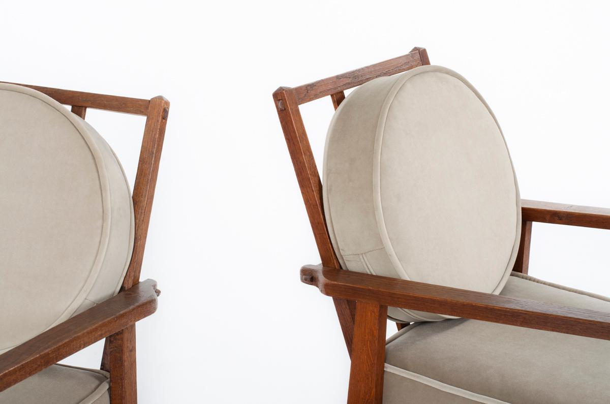 Velvet Set of 2 armchairs in oak and velvet, 1960