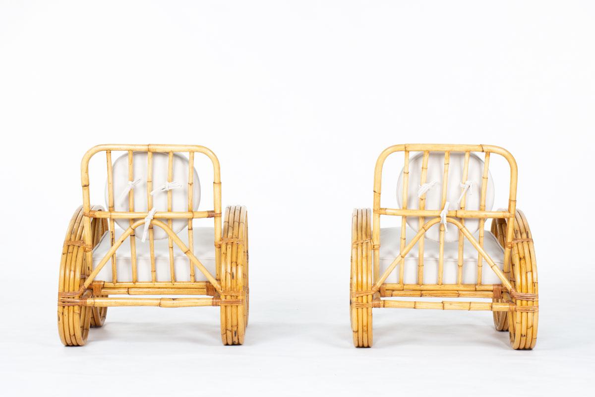 Ensemble de 2 fauteuils en rotin et coussins en tissu de velours beige 1950 Bon état - En vente à JASSANS-RIOTTIER, FR