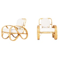 Set of 2 armchairs in rattan and beige velvet fabric cushions 1950
