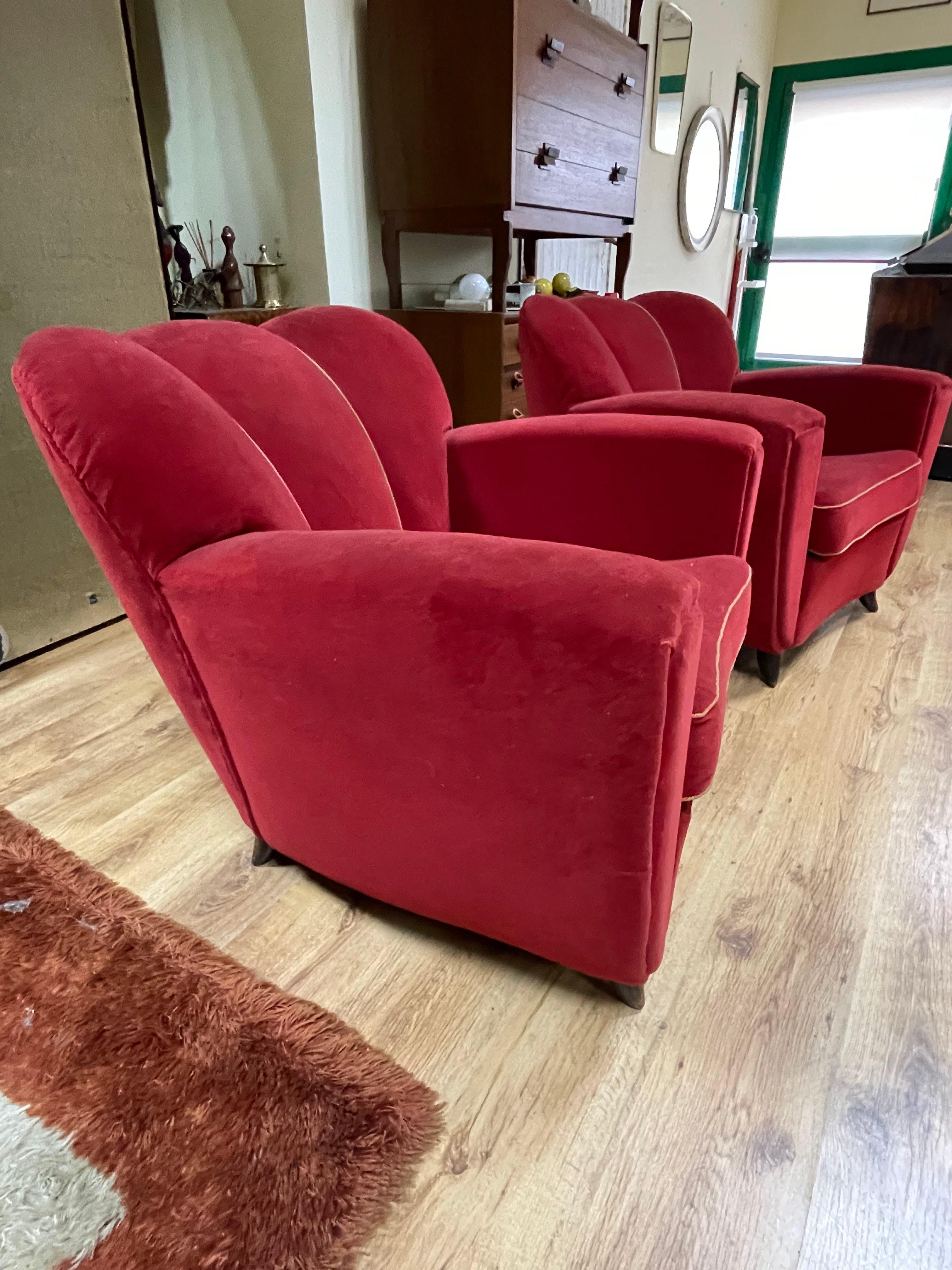 Set of 2 Armchairs in Red Velvet, 1940s 5