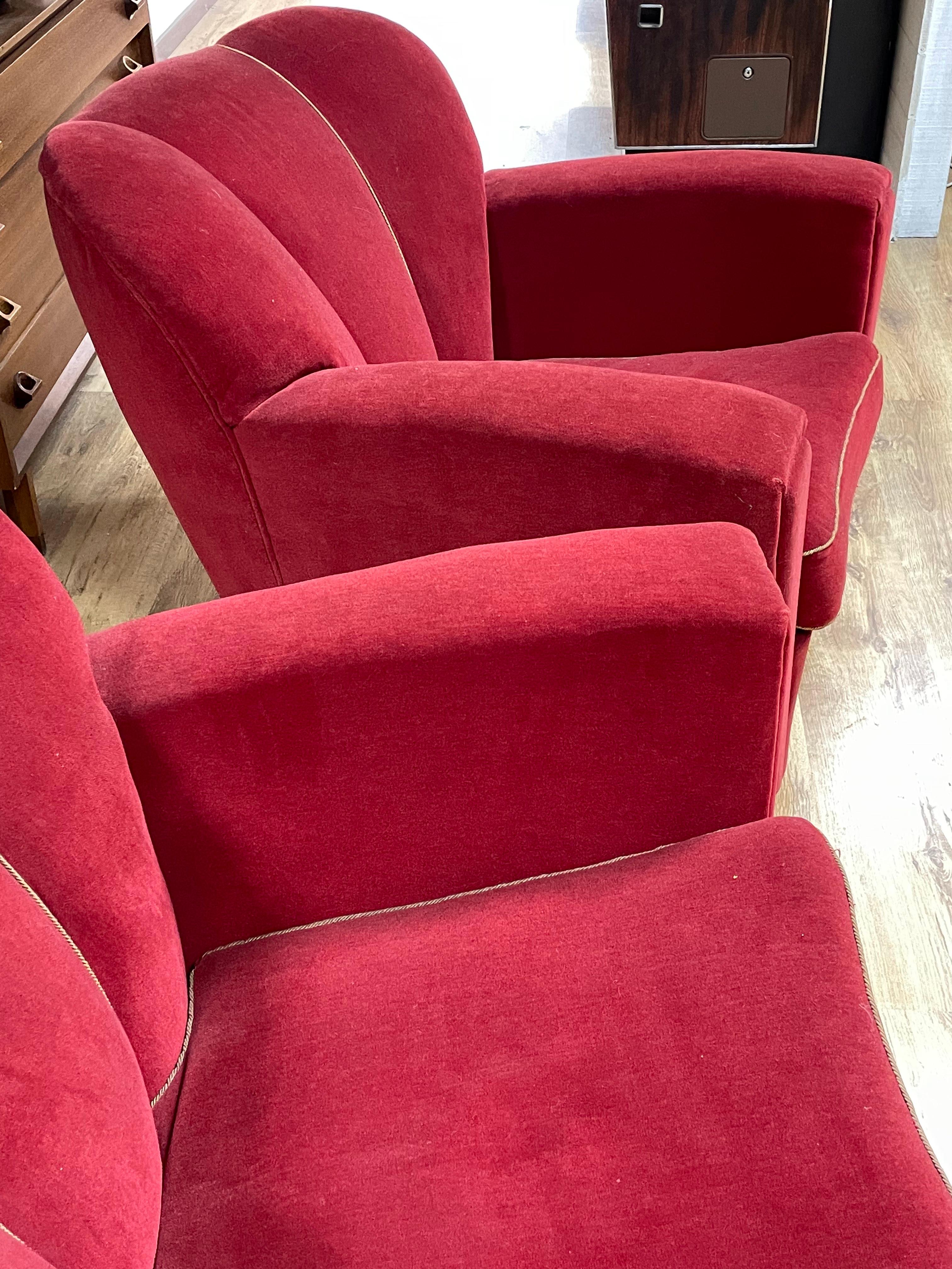 Set of 2 Armchairs in Red Velvet, 1940s 7