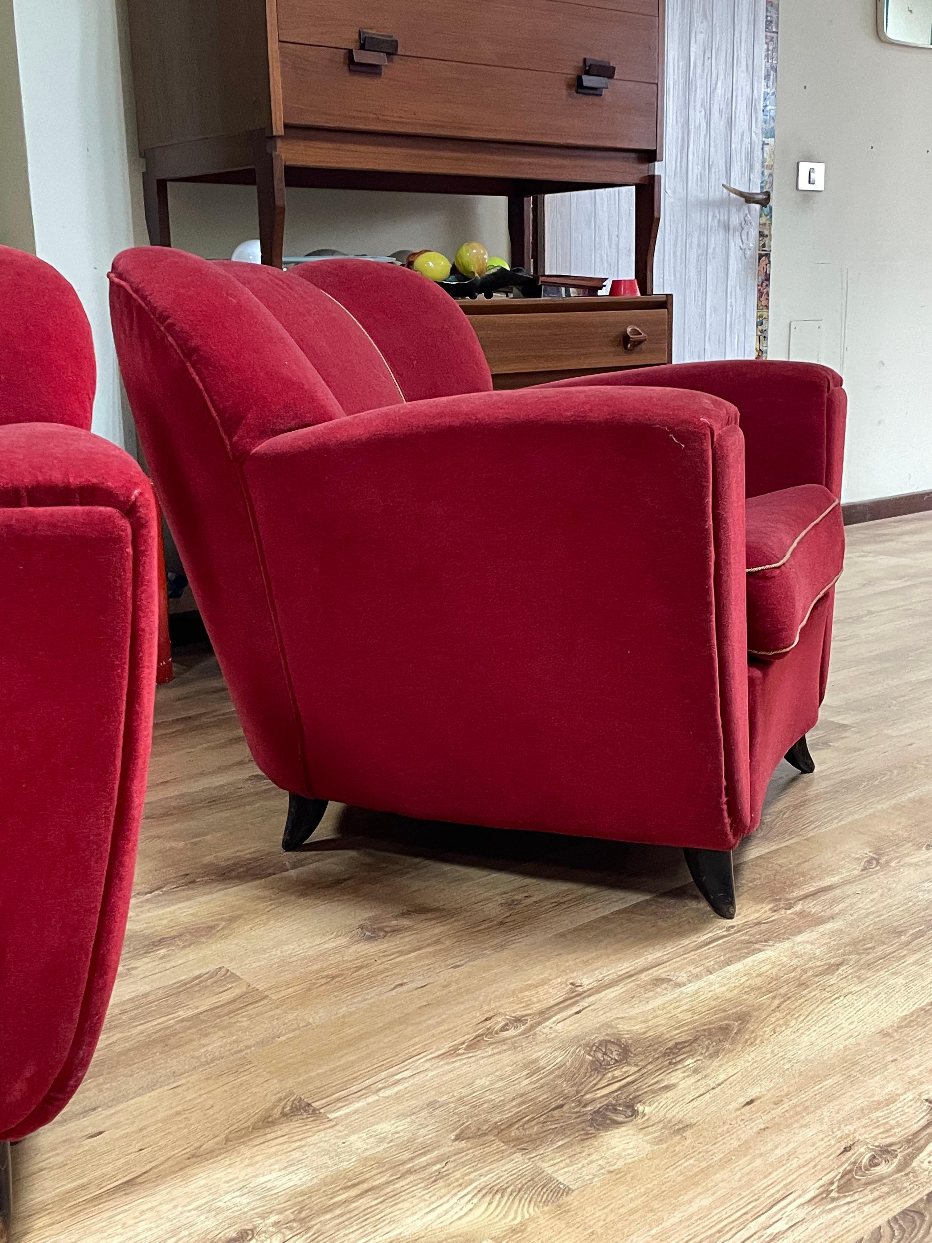 Set of 2 Armchairs in Red Velvet, 1940s 8