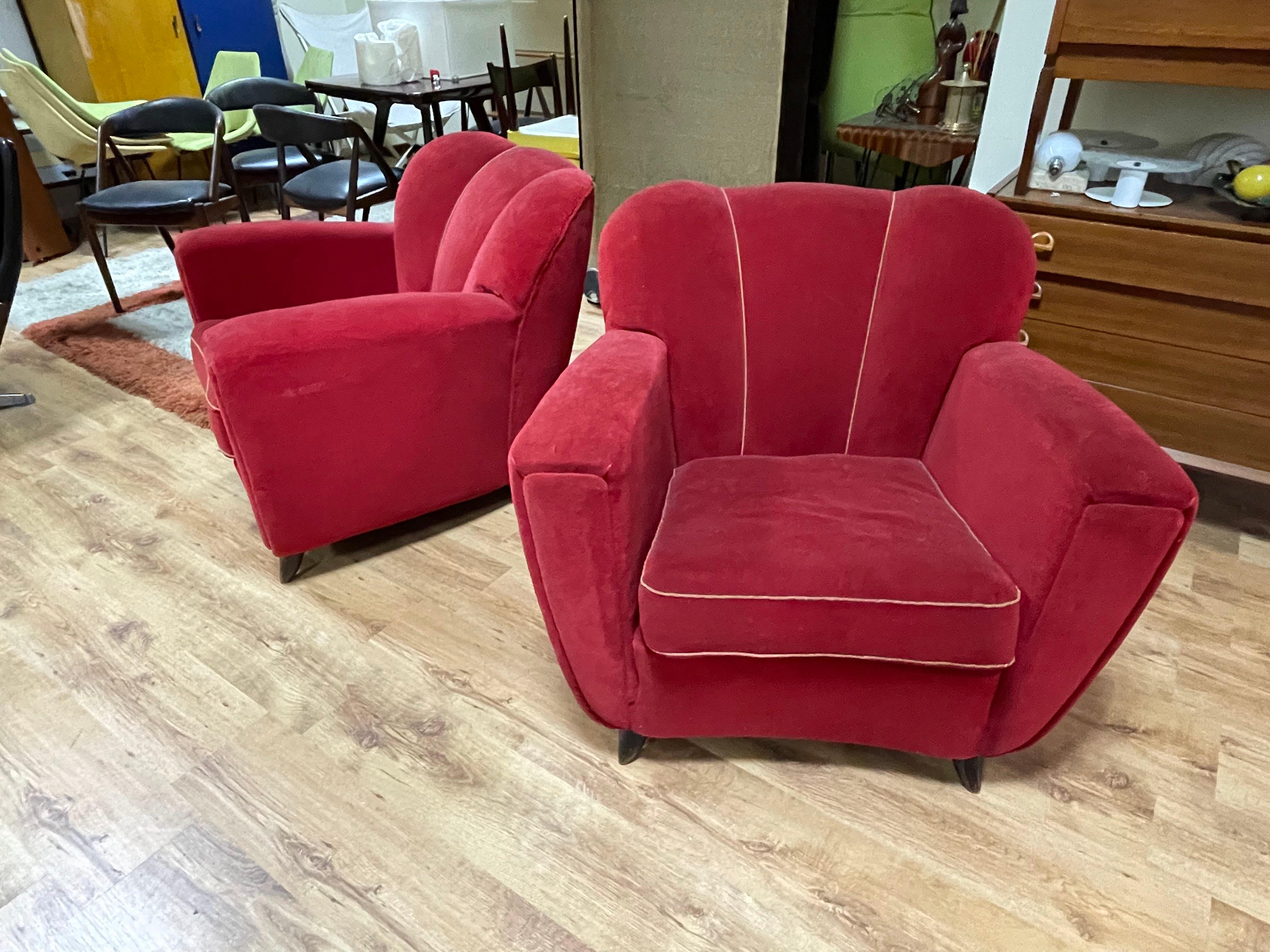 Set of 2 Armchairs in Red Velvet, 1940s 9