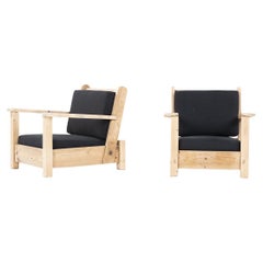 Set of 2 Armchairs in Solid Pine and Black Linen, 1950