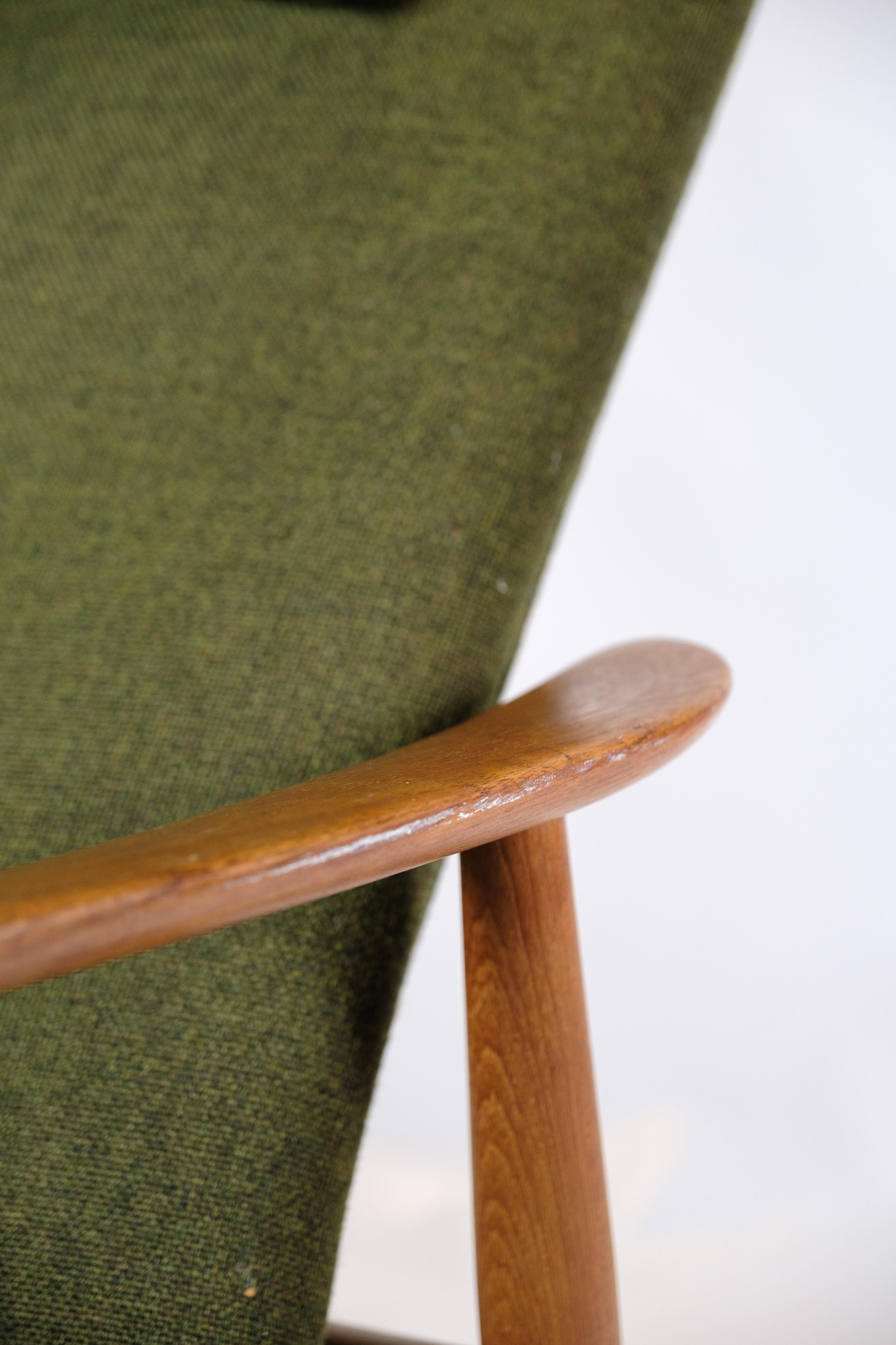 Tissu Ensemble de 2 fauteuils avec tabouret en teck et tissu vert par Alf Svensson en vente