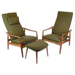 Set aus 2 Sesseln mit Hocker aus Teakholz und grünem Stoff von Alf Svensson