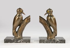 Set of 2 Art Deco Bookends - Franjou - Spelter - Woodpeckers on Marble Base