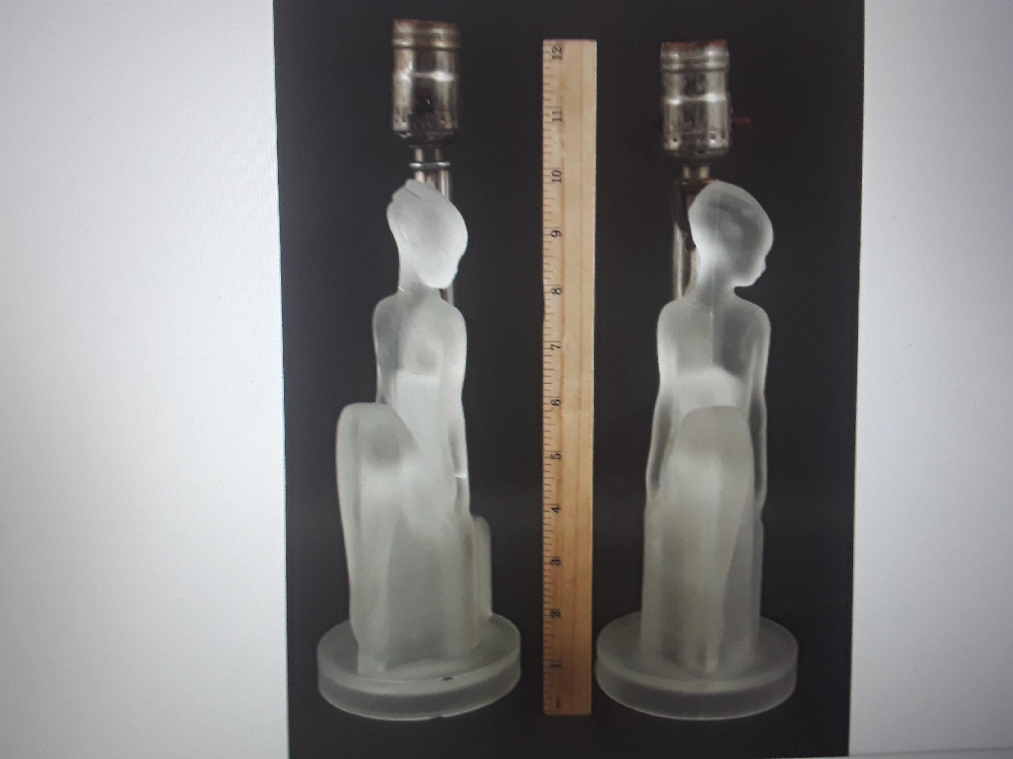 Early 20th Century Set of 2 Art Deco c1920's Frosted Art Glass Female Nude Figural Table Lamps For Sale
