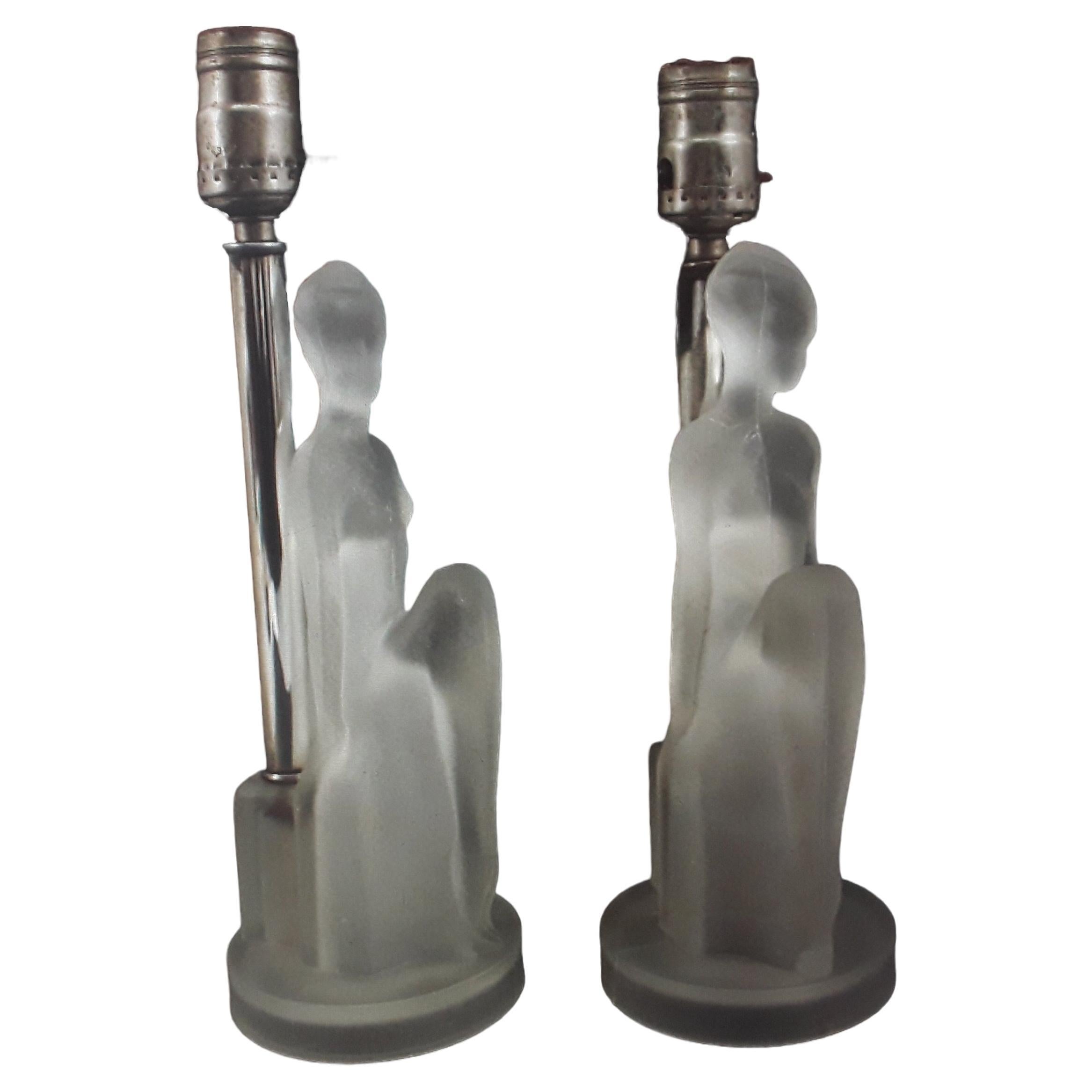 Set of 2 Art Deco c1920's Frosted Art Glass Female Nude Figural Table Lamps For Sale