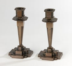 Set of 2 Art Deco Candlesticks - Bronze - Cubist Design - Signed E. Hoffer