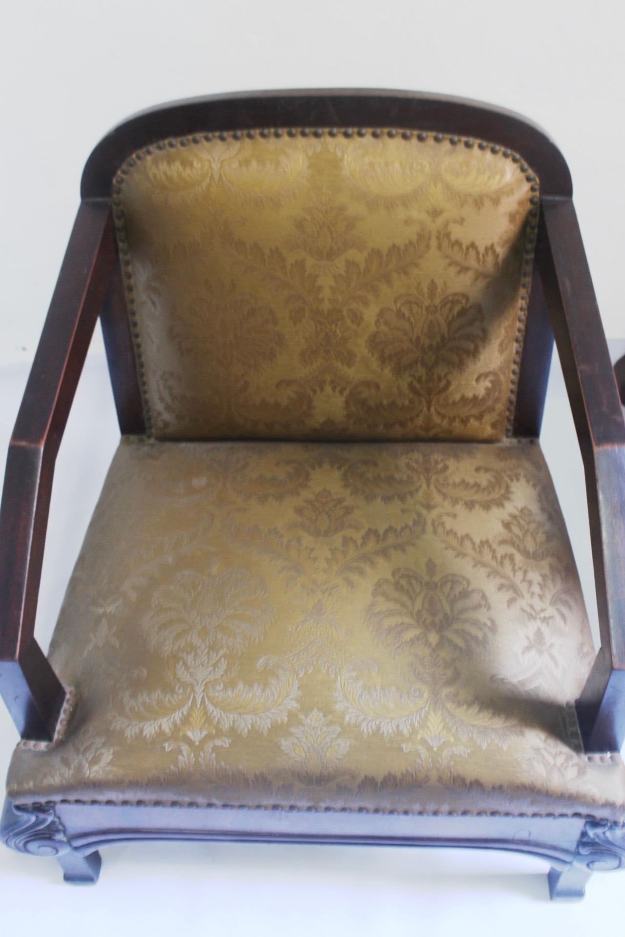 Pair of Art Deco Club Armchair with Golden Brocade Silk , 1930s im Angebot 3