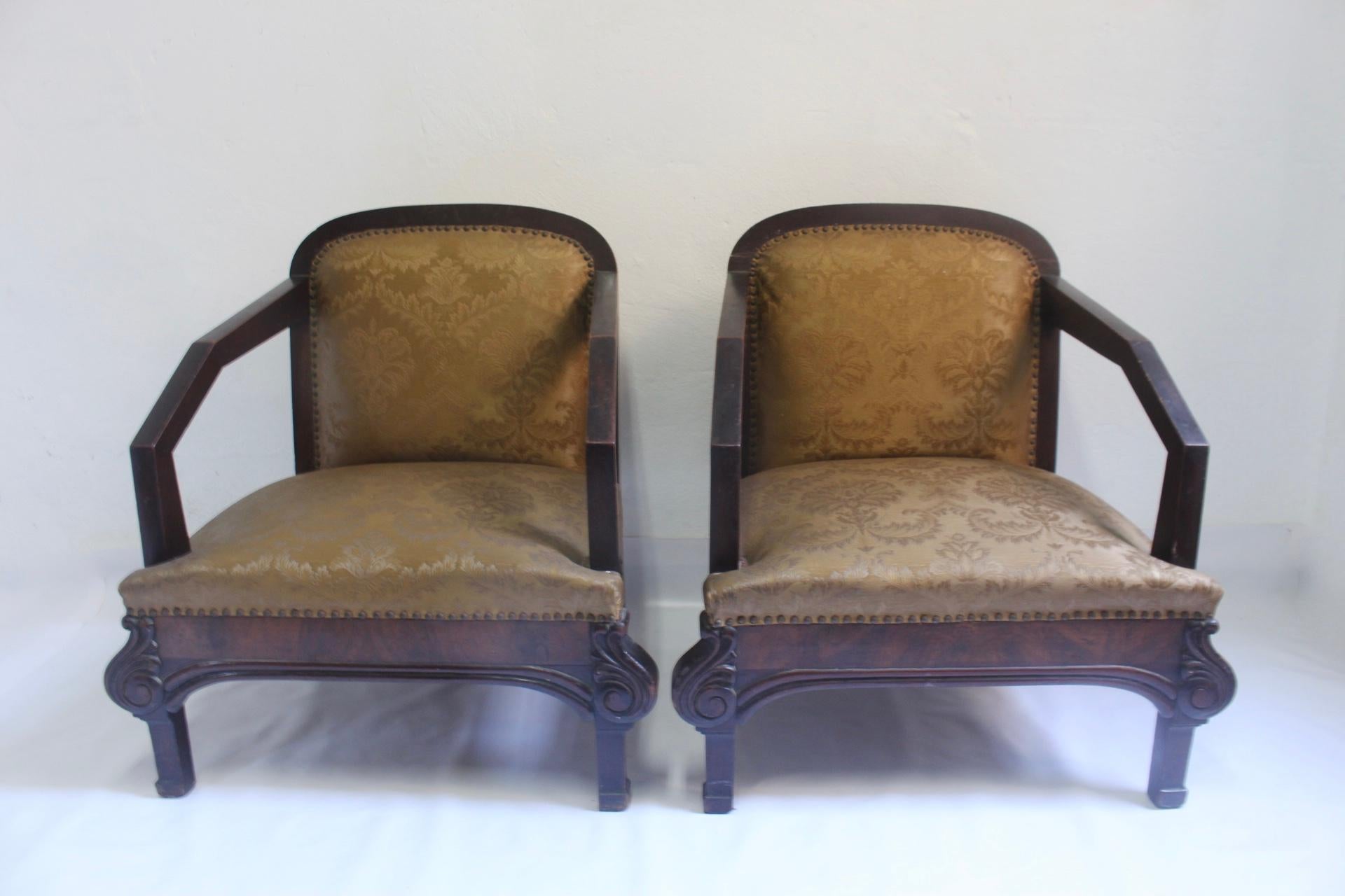 Spanish Set of 2 Art Deco Club Armchair with Brocade Silk Upholstery, 1930s For Sale