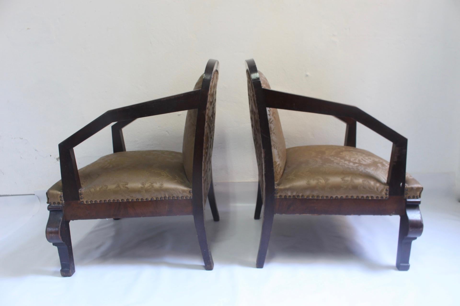 Set of 2 Art Deco Club Armchair with Brocade Silk Upholstery, 1930s In Good Condition For Sale In Valencia, Valencia