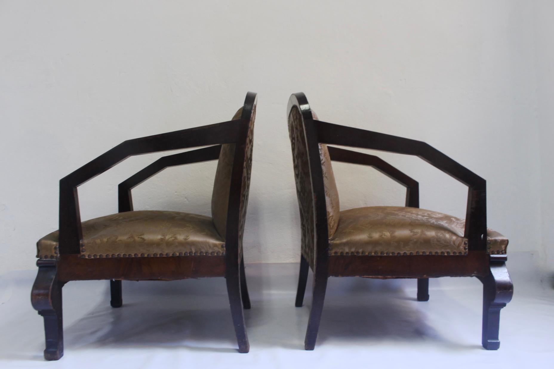 Mid-20th Century Set of 2 Art Deco Club Armchair with Brocade Silk Upholstery, 1930s For Sale