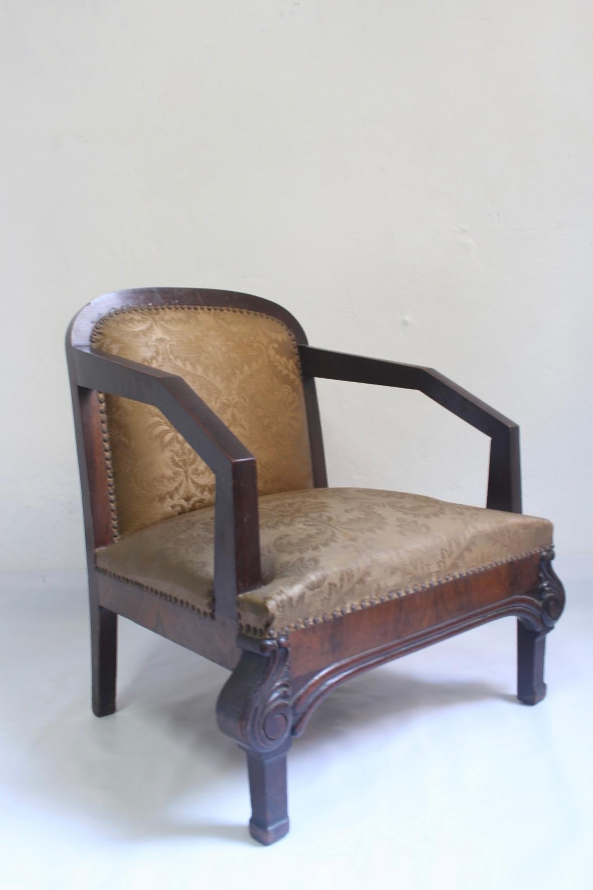 Set of 2 Art Deco Club Armchair with Brocade Silk Upholstery, 1930s For Sale 1