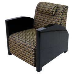 Vintage Set of 2 Art Deco Club Chairs in Black Lacquer and Golden Upholstery
