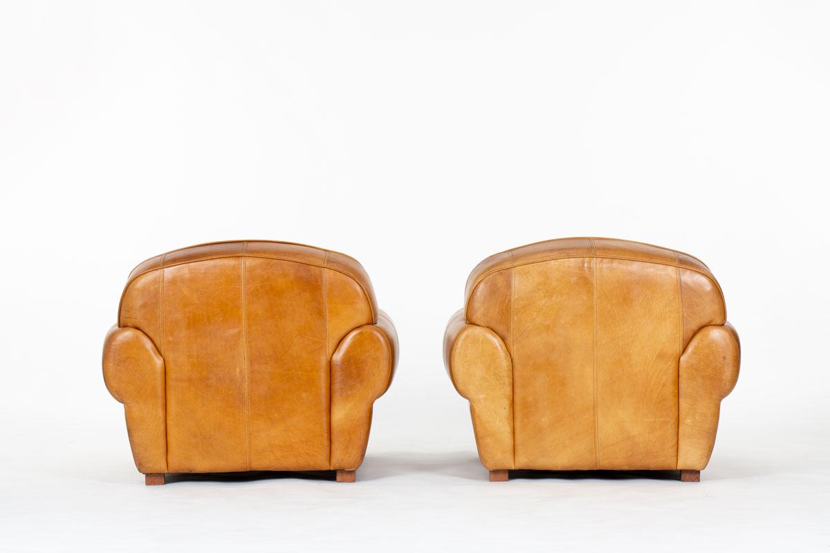 Set di 2 poltrone club in pelle marrone dal design Art Deco In condizioni buone in vendita a JASSANS-RIOTTIER, FR