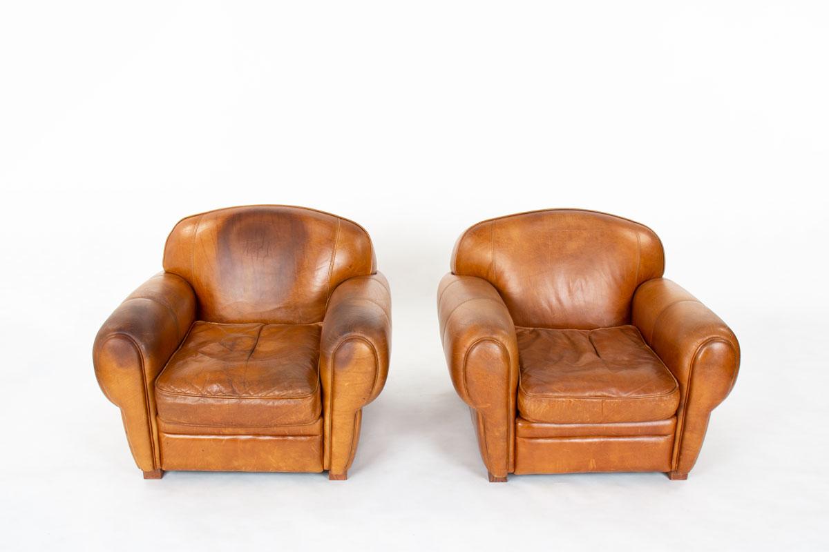XX secolo Set di 2 poltrone club in pelle marrone dal design Art Deco in vendita