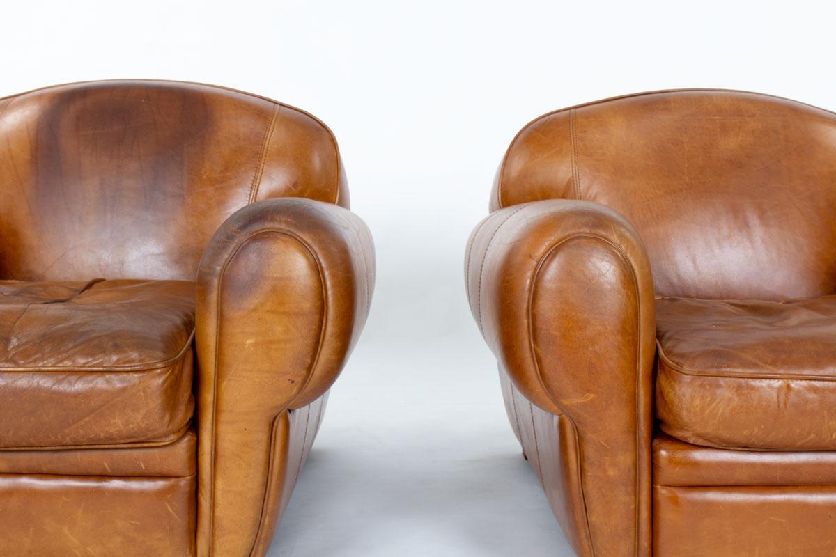 Pelle Set di 2 poltrone club in pelle marrone dal design Art Deco in vendita