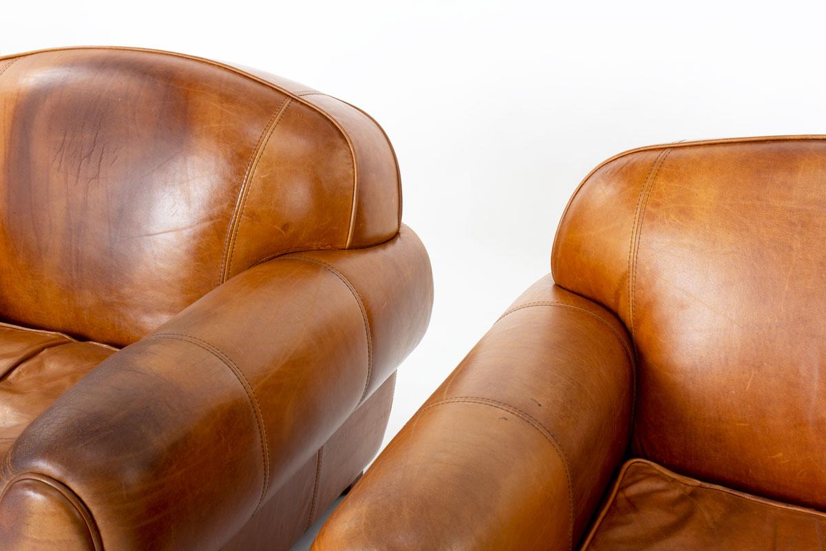 Set di 2 poltrone club in pelle marrone dal design Art Deco in vendita 1