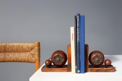 Set of  2 Art Deco faceted ball bookends in oak with metal decorations, France